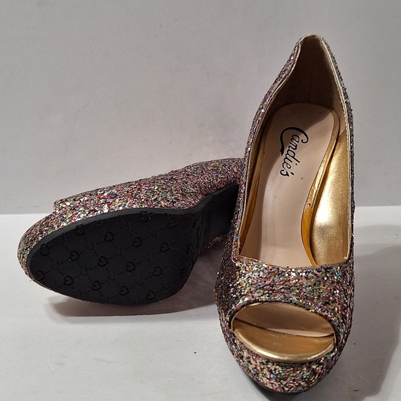 Candies Bohemian Retro Glitter Rainbow Peep Toe Platform Stiletto Heels Size 6.5 - Picture 7 of 8